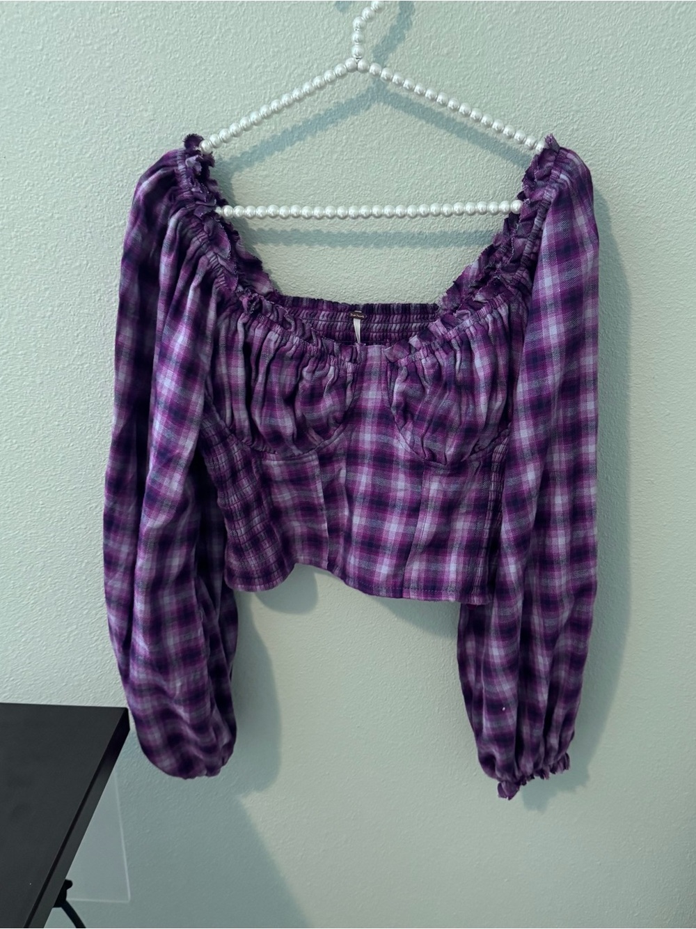 Free People Purple Plaid Off-Shoulder Peasant Blouse